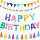 4PCS Pre-Strung Happy Birthday Banner - Felt Happy Birthday Garland, Ball Garland, Felt Pennant Flag, Pastel Thread Tassel Reuasble Party Decorations for Girls Women Kids