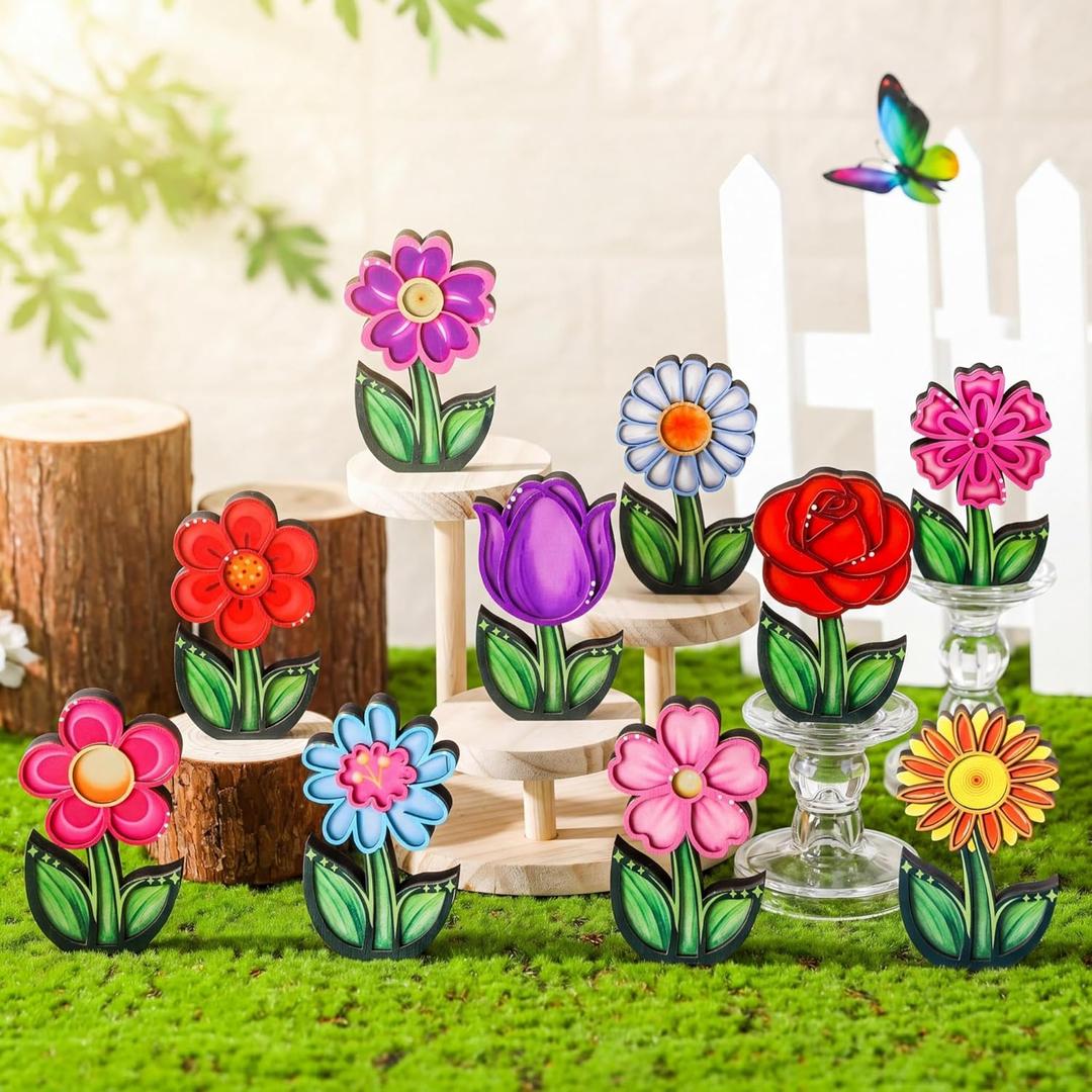 Wenqik 10 Pcs Spring Table Decoration Wooden Flower Decor Colorful Spring Tiered Tray Decor Flower Figurines Set with Stems Floral Centerpiece for Easter Party Home Shelf Decoration MotherS Day Gifts