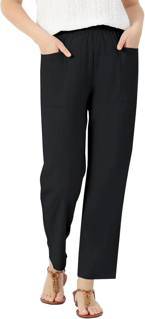 keriffe Linen Casual Pants for Women High Waist Elastic Summer Beach Vacation Outfits with Pockets (Black, M)