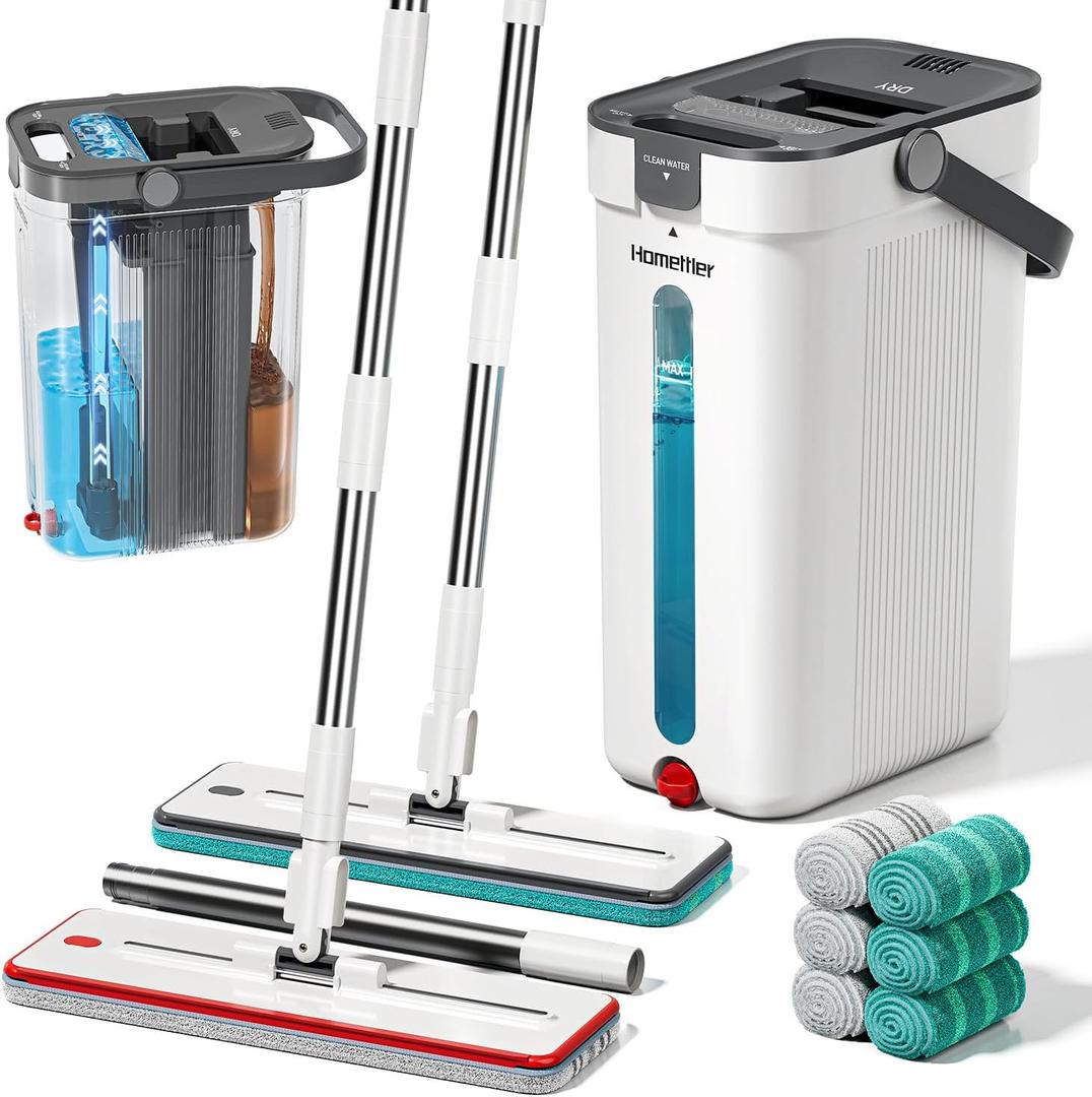 Dual-Mop and Bucket Set, 3-Tank Flat Mop and Bucket System with Separate Dirty and Clean Water, Wall Cleaner Mop, Flat Mops for Floor Cleaning with 6 Microfiber Pads