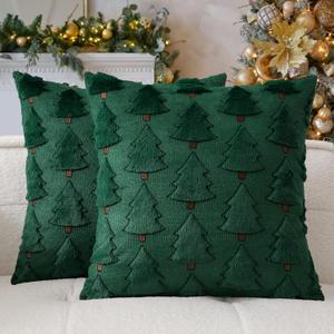 Kevin Textile Christmas Tree Pillow Covers 18x18 Inch Set of 2 Luxury Embroidery Soft Plush Faux Fur Decoration Pillowcases for Couch Sofa Holiday Festivals Winter Xmas Gift, Dark Green