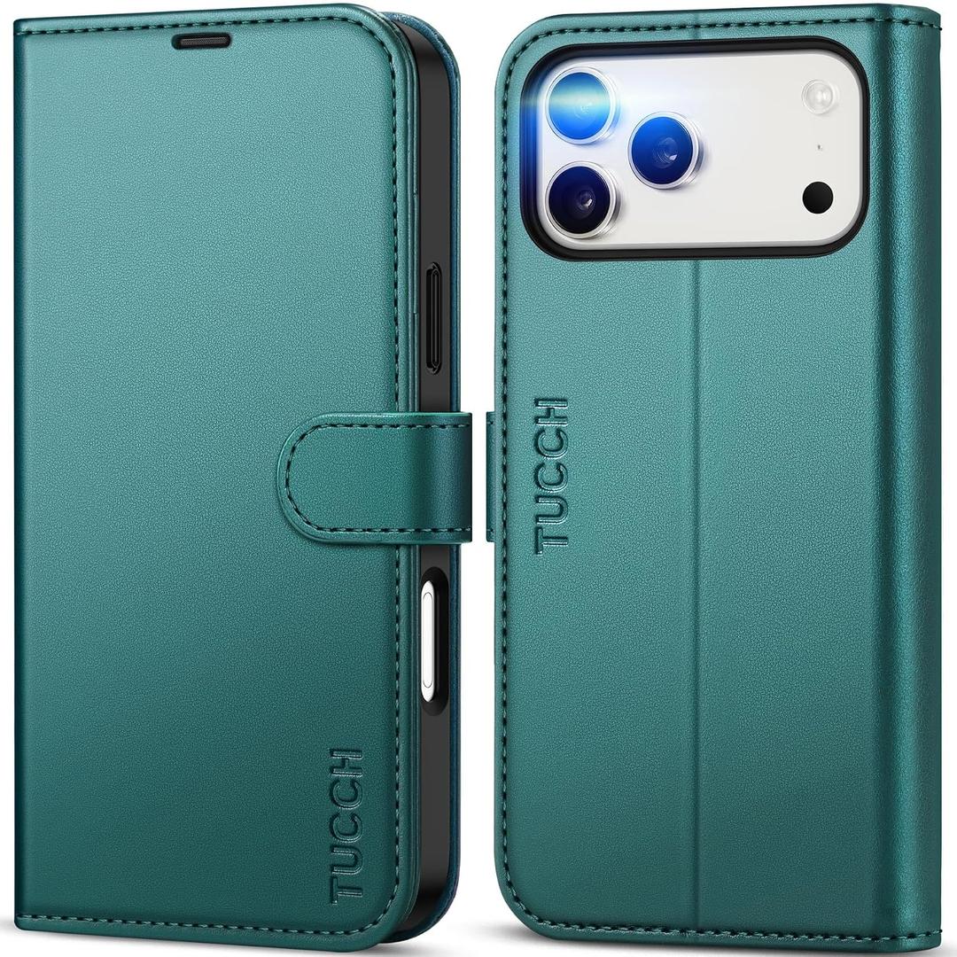 TUCCH Wallet Case for iPhone 17 Pro Max (6.9") 2025, 4 Card Holders | RFID Blocking | Stand | Shockproof TPU Shell | PU Leather | Magnetic Closure | Protective Flip Cover | Bluish Green