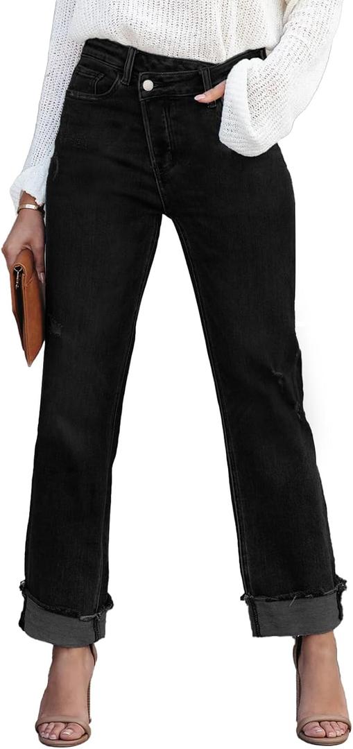 Metietila Jeans for Women Trendy High Waisted Corssover Boyfriend Jeans Distressed Stretchy Denim Pants (Black, L)