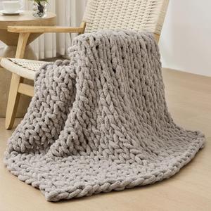 Bigacogo Chunky Knit Throw Blanket for Couch, 40x40 inches, 100% Hand Knitted with Thick Jumbo Chenille Yarn, Cozy Soft Large Rope Knot Cable Crochet Blankets for Sofa Bed Living Room, Taupe