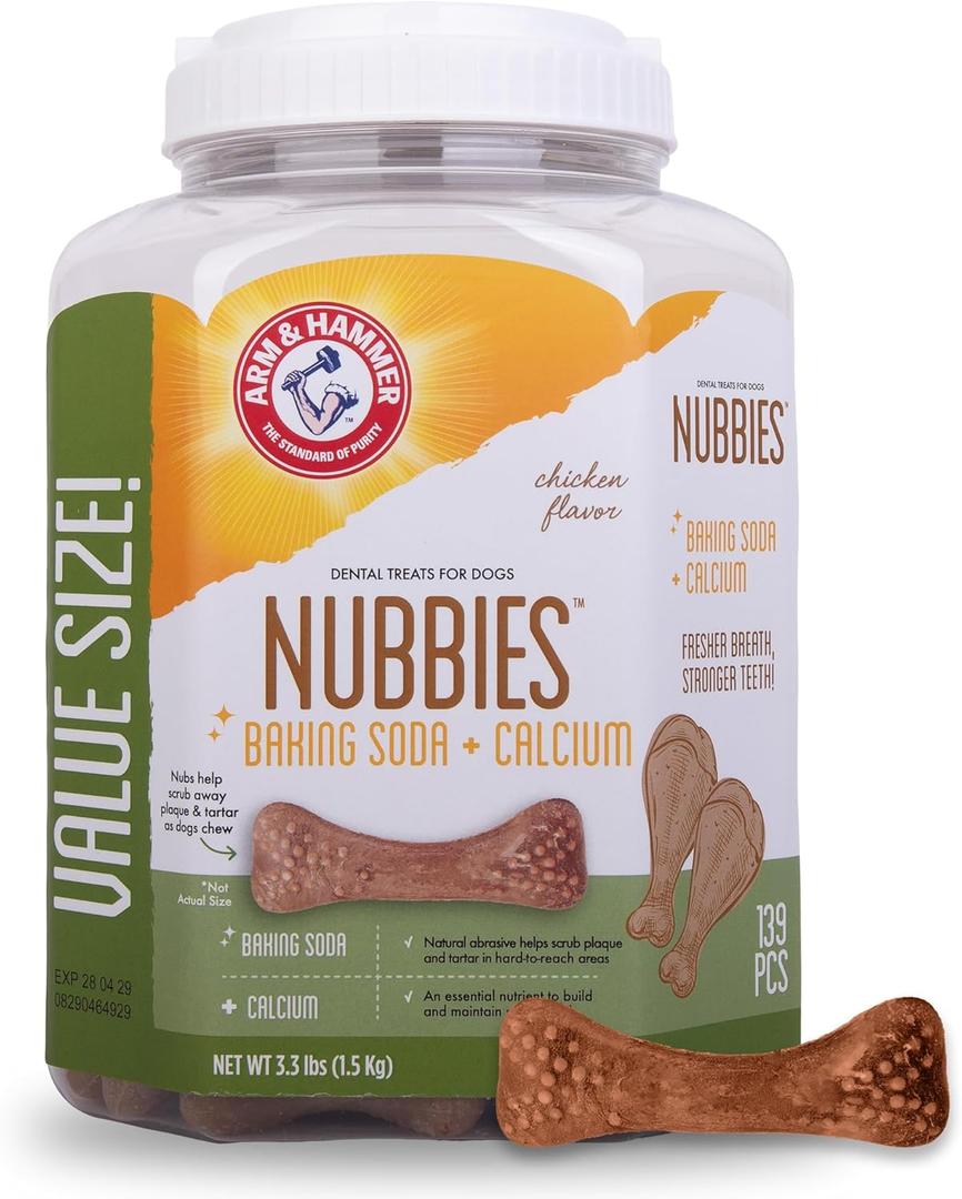 Arm & Hammer for Pets Nubbies Dental Treats for Dogs with Baking Soda and Calcium, Treat Chews Help Fight Bad Breath, Plaque & Tartar, Chicken, Value Bucket, 139 Pcs (Packaging may vary) (52.8 Ounce (Pack of 1))