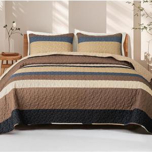 Whale Flotilla Full Queen Size Quilt Set - Reversible Camel Quilts Queen Size with 2 Pillow Shams, Lightweight Boho Striped Bedspreads Coverlet Bedding Set for All Seasons (Queen(96"x90"))