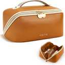 Prite Makeup Bag for Women Travel Waterproof Vegan Leather Cosmetic Bag Open Flat Toiletry Bag With Clear Divider and Handle (Brown) (Medium)