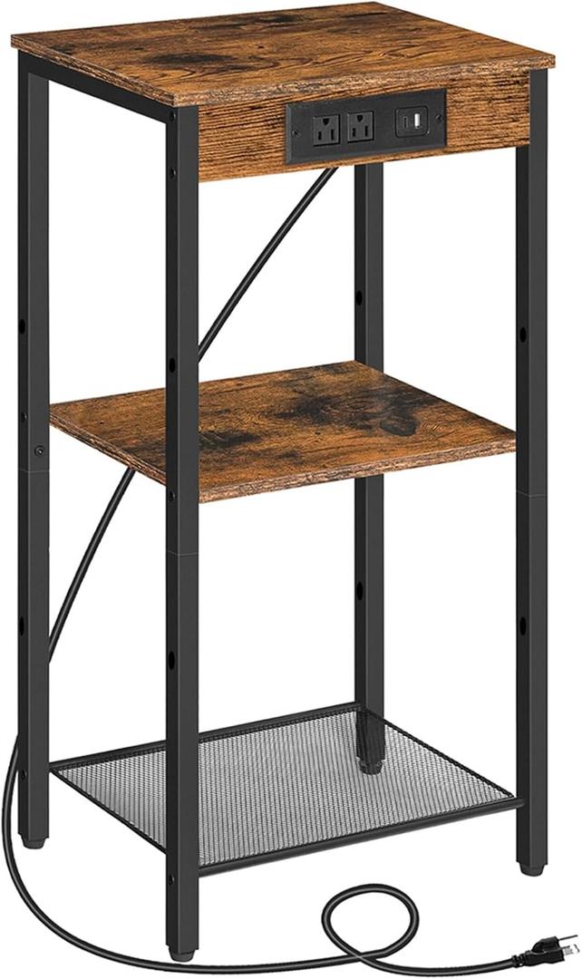 HOOBRO Tall End Table with Charging Station, 30 Inch Slim Tall Nightstand, 3-Tier Narrow Side Table with Adjustable Shelf, for Living Room, Bedroom, Small Space, Hallway, Rustic Brown BF09UDH01G1