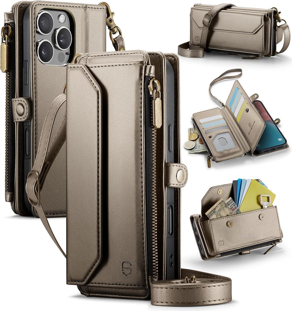 Strapurs Wallet Case Compatible with iPhone 16 Pro Max 6.9" RFID Blocking 10-Card Holder Soft PU Leather Magnetic Snap Strap Zipper Pocket Phone Case Fit for iPhone 16 Pro Max - Desert Titanium