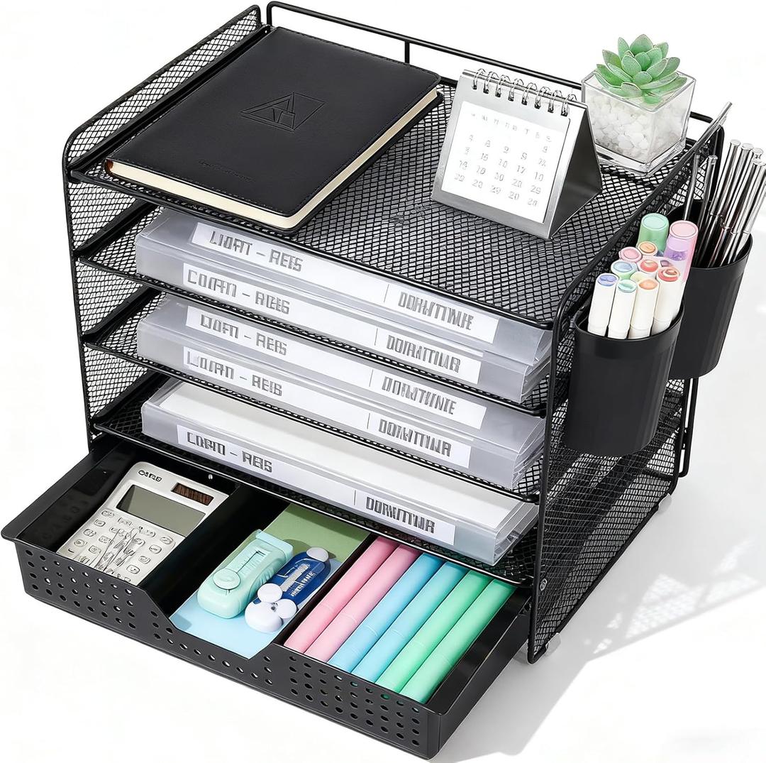 Desk Organizer and Accessories, 5-Tier Paper Letter Tray Organizer with Drawer & 2 Pen Holders for Desktop File Organization, Office Desk Accessories for Supplies Storage (Black) (12" x 8" x 10")
