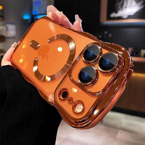 JBJZYZZ for iPhone 17 Pro Case Magnetic Compatible with MagSafe Upgraded [Full Camera Protection] Clear Shockproof Protective Slim Phone Case Cute Curly Wave Edge for iPhone 17 Pro,Orange