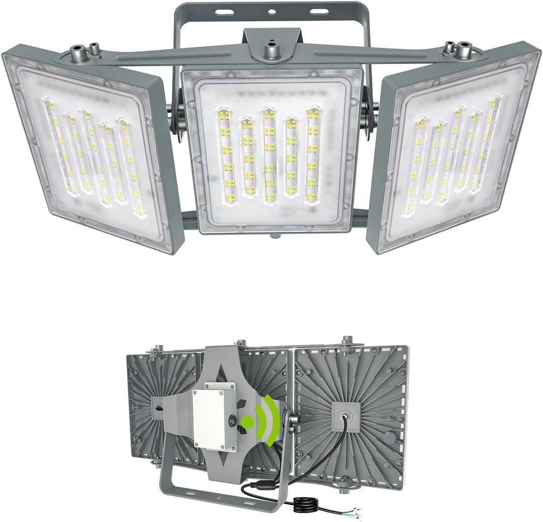 STASUN 300W Dusk to Dawn Flood Light, 30000LM 6000K LED Floodlight Outdoor with Photocell Sensor, IP66 Waterproof, 3 Head Muti Angle Lighting for Parking Lot, Stadium, Backyard, Sport Court (Gray)