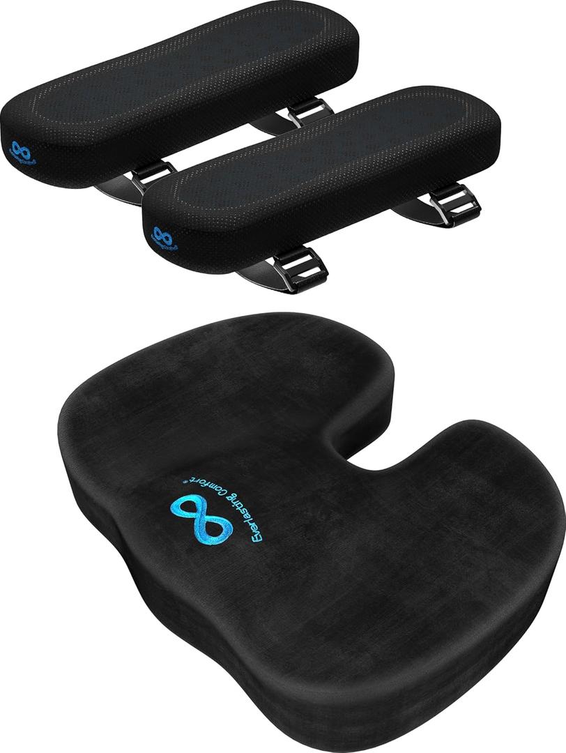 Everlasting Comfort Memory Foam Seat Cushion & Arm Rest Pads Bundle - Office Chair Cushion Enhances Posture, Support - Office Chair Arm Covers w/Cooling Gel Top Layer for Elbow, Forearm Support