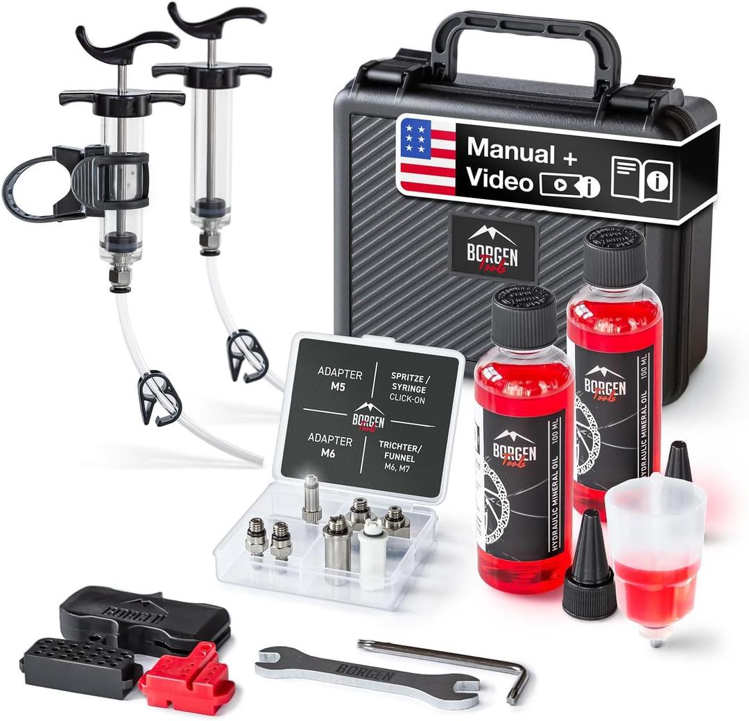 Borgen Brake Bleed Kit PRO for Shimano, Tektro & TRP Hydraulic Disc Brakes  Bike Bleed Kit with Video Guide- Incl. 2X Mineral Oil Brake Fluid  Bike Tool Kit for Brake Bleeding
