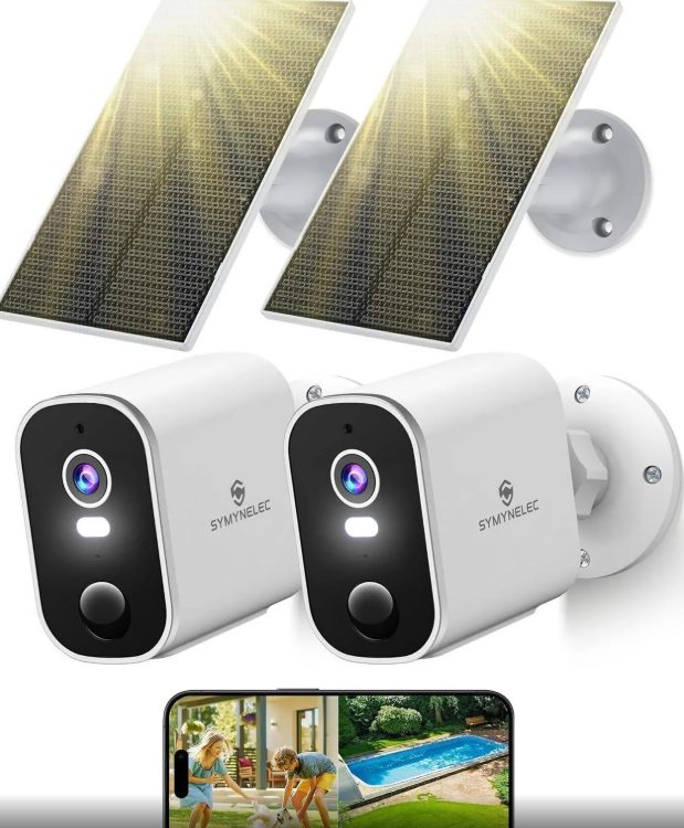 SYMYNELEC 2K Solar Security Cameras Wireless Outdoor 2-Pack, Home Security System with Color Night Vision, Person Detection, Waterproof, Compatible with Alexa, 2.4GHz WiFi