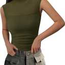 PRETTYGARDEN Women's Summer Sheer Mesh Tank Tops 2025 Trendy Casual Sleeveless Mock Neck Ruched Slim Fitted Going Out Shirts (X-Large, Army Green)