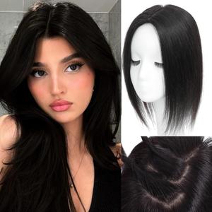 Hair Toppers for Women Real Human Hair, 360 3D Human with Thinning Upgrade Middle Part Clip in Bangs Topper Hair Pieces for Women Daily(Black, 14 Inch-3D-Side)