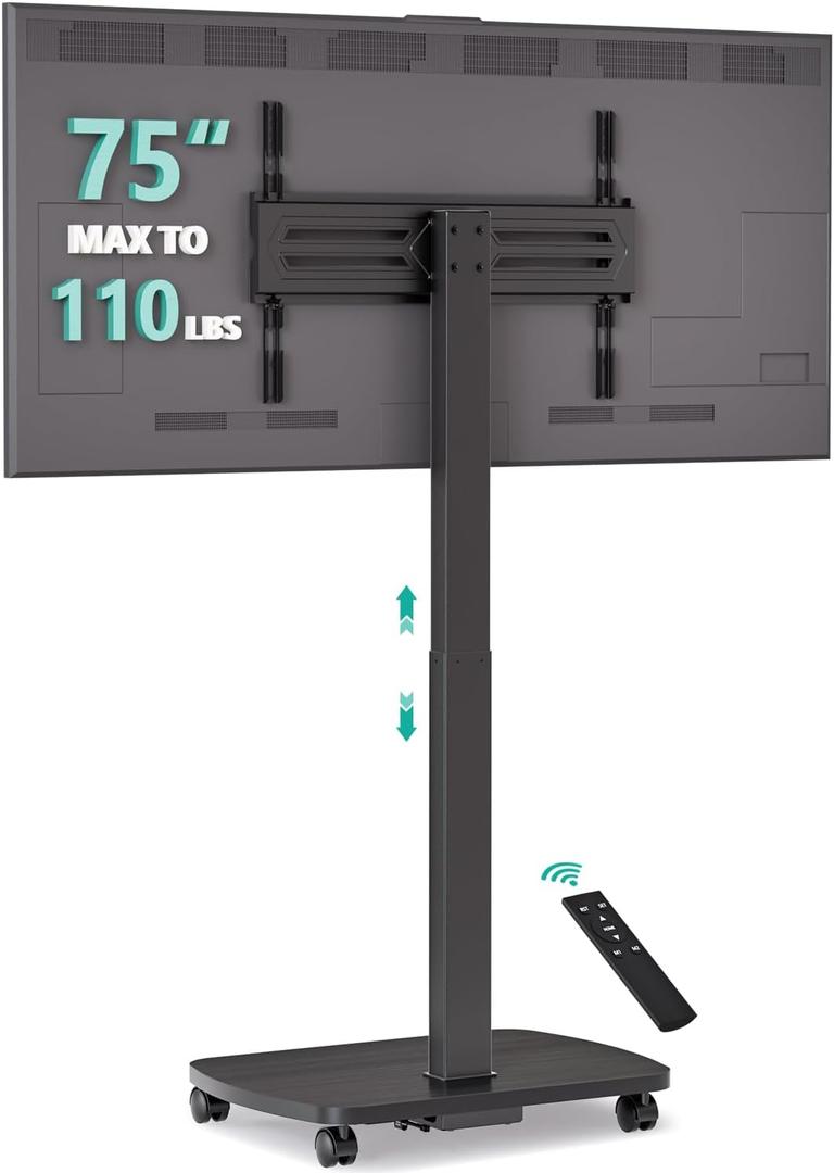 WALI Motorized Rolling TV Stand Lift on Wheels, Electric Height Adjustable Television Stand Mount with Remote for 33-75” TVs up to 110 lbs, Mobile TV Cart with Wood Base for Bedroom(TVDVD-7ER), Black