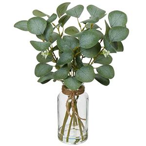 Briful Artificial Eucalyptus Stems in Glass Vase with Faux Water, 14" Fake Plant Eucalyptus Leaves for Home Bathroom Office Farmhouse Wedding Centerpiece Décor