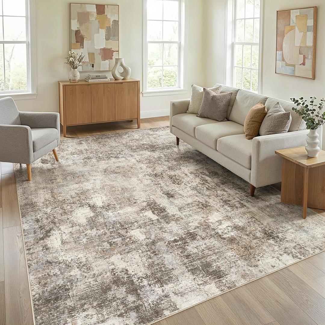 WITSHOCK Area Rugs 9x12 Living Room Rug - Washable Neutral Soft Low Pile Non-Slip Modern Abstract Thin Large Indoor Carpet for Bedroom Dining Room Nursery Office - Dark Brown
