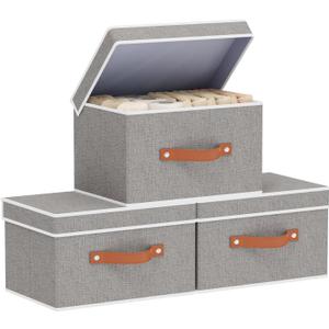 Fabric Storage Bins with Lids, Linen Foldable Clothes Boxes, Closet Organizer Containers with Double Handles, Baskets for Bedroom, Grey, 3 Pack, 13 x 9.1 x 7.9 Inch, Grey  Fabric Storage Bins with Lids, Linen Foldable Clothes Boxes, Closet Organizer Containers with Double Handles, Baskets for Bedroom, Grey, 3 Pack, 13 x 9.1 x 7.9 Inch, Grey