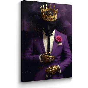 BJYCHG Black Man Picture Gold Crown Wall Art Afro American Canvas Prints King Crown Paintings Black African Wall Decor for Men Bedroom Framed (Purple, 24L x 16W)