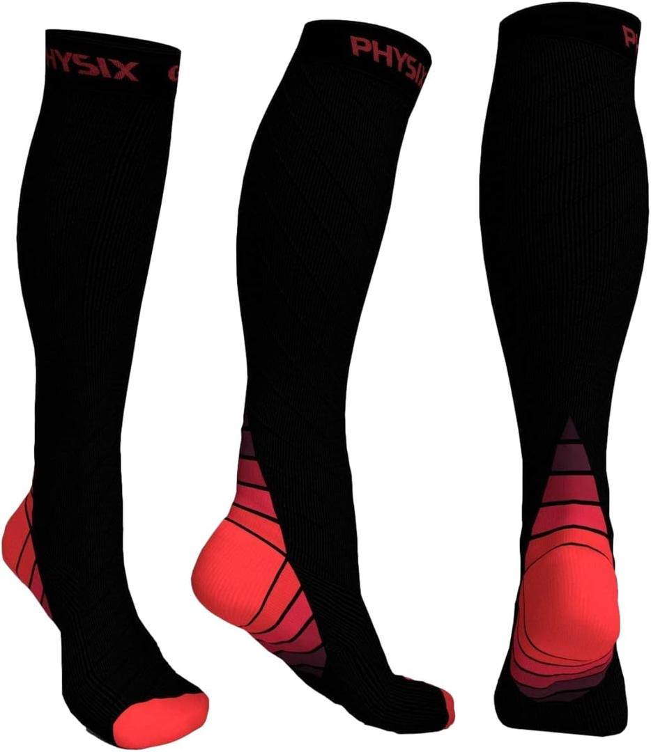 Physix Gear Compression Socks 20-30 mmHg - Men & Women - Running, Nurses, Shin Splints, Flight, Travel (XXL, Black/Red)