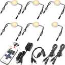 LED Closet Lighting, Round Under Cabinet Puck Lights, Daisy Chained, 110 Volt Plug-in, RF Dimmable Remote Control, Y Splitter, Extension Cables, Black Wires, Warm White 2700K, 6 Lights