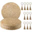 Hardcometrue Boho Woven Placemats Set of 10 with Wooden Napkin Rings, Round Charger Plates, Natural Ranttan Dinner Place Mats for Dining Table Decor - 13.8 inch