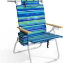 Tall Beach Chairs for Adults, 17" High Backpack Beach Chair with Wooden Armrests, 5 Positions Reclining Heavy Duty Chair with Large Cooler Pouch, Support to 350LBS Striped Blue&Green,1pack