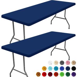 Moosfor Spandex 8 Foot Rectangle Table Cloth 2 Pack, Elastic Fitted Tablecloths for Picnic, Stretch Washable Patio Table Cover for Outdoor, Camping, Banquet and Parties (Navy, 30"x96")