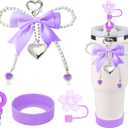Stanley Cup Accessories Set for 40oz/30oz Tumbler with Handle-Including Flower Straw Toppers, Bow Charms with Pearls,Silicone Charm and Silicone Boot,Suitable Accessories for Stanley(Purple)