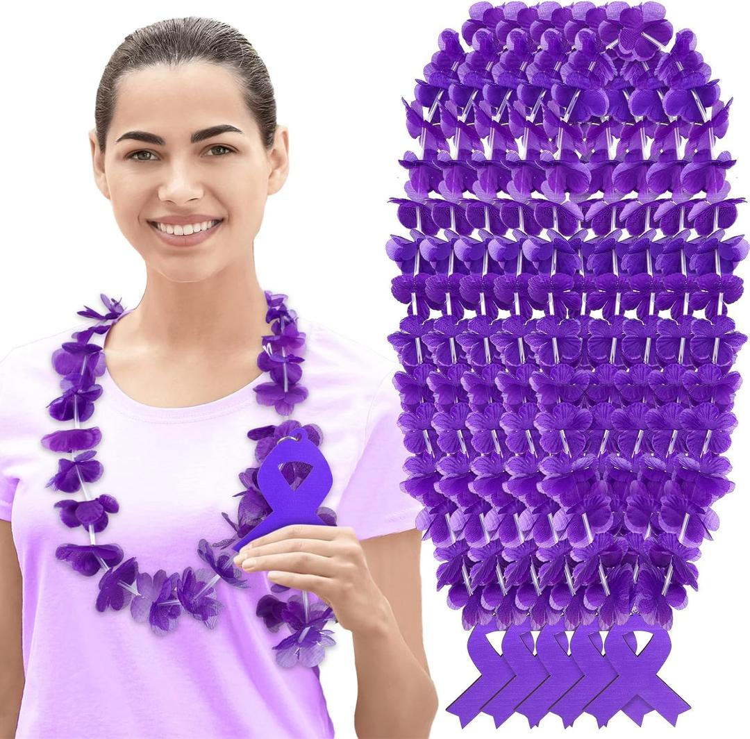 Giegxin 24 Set 45 Inch Purple Ribbon Awareness Polyester Leis with Wooden Ribbon Pendant Domestic Violence Alzheimer Pancreatic Lupus Overdose Cancer Awareness Accessories for Fundraising Public Event