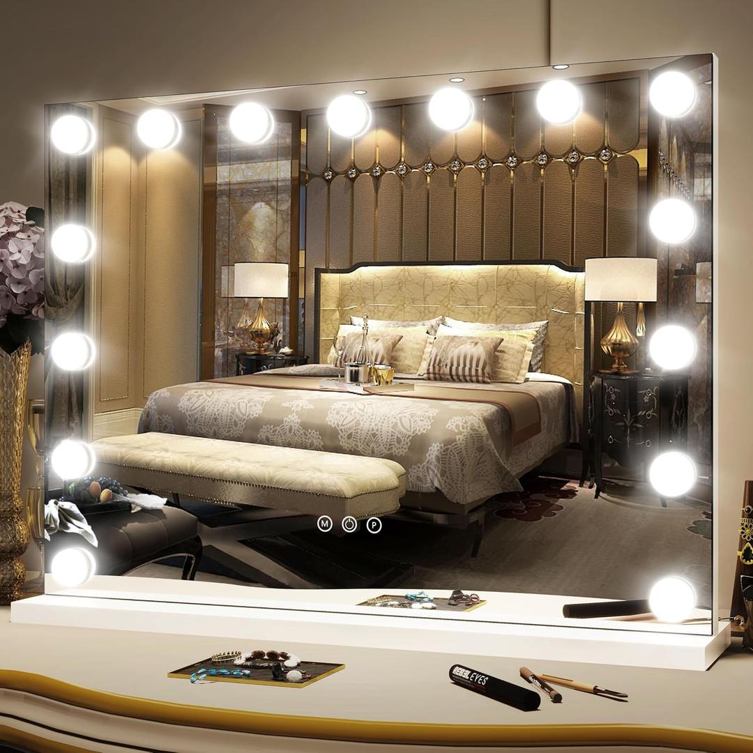 FENNIO Hollywood Vanity Mirror with Lights 23x18,Large Lighted Mirror Makeup Mirror with 15 Dimmable LED Bulbs, 3-Color Lighting