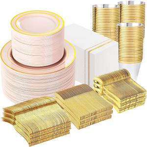 GATHER 700PCS Pink Plastic Plates - Gold Rim Disposable Plastic Dinnerware Set Include 200 Pink Plates, 300 Silverware, 100 Napkins, 100 Cups for Party & Wedding