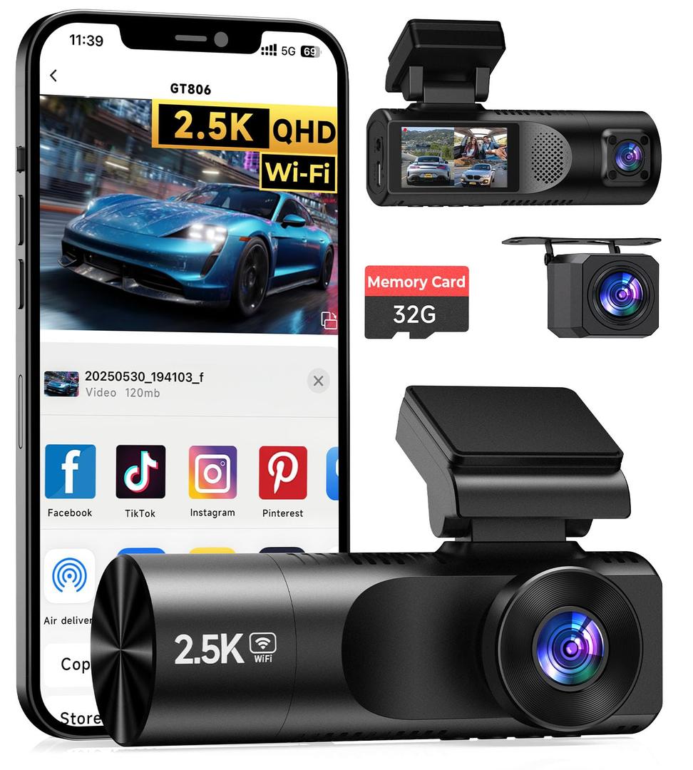 Dash Cam Front and Rear, 2.5K+1080P+1080P 3 Channel Dash Cam with 32GB Card, Wi-Fi Dash Camera for Cars, G-Sensor, Night Vision, 24H Parking, Loop Recording, 1.97”IPS, Support 256GB