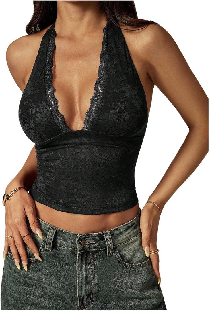 RoseSeek Women's Floral Lace Deep V Neck Halter Tops Y2K Backless Summer Going Out Crop Tank Top, MP