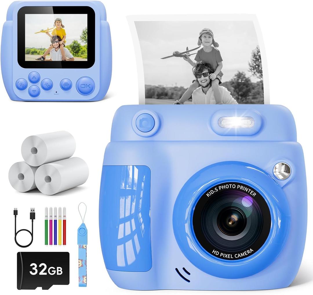 Kids Camera Instant Print - Christmas Birthday Gifts for Girls Boys Age 3-12, 1080P Video Digital Camera with 3 Rolls Printing Paper, Toddler Travel Toy Camera for 4 5 6 7 8 9 10 11 Year Old - Blue