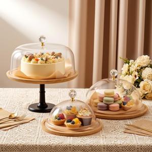 Lallisa Set of 3 Cake Stand with Lid Set, 12" Bamboo Wood Cake Stand with Dome, Dessert & Charcuterie Display with Large Acrylic Dome, Wooden Display Risers for Wedding, Party, Home Decoration