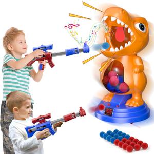 Movable Dinosaur Shooting Toys for Kids 5-7 with 2 Air Pump Gun, Target Shooting Games with LED Score Record, Light & Sound, 24 Foam Balls Competition Game Gift for Boys and Girls 3-5+ Years (Orange)