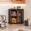 Corner Bread Box for Kitchen Counter, Black Bamboo Bread Box with Real Glass Door, Double Layer Space Saving Bread Storage for Homemade Bread