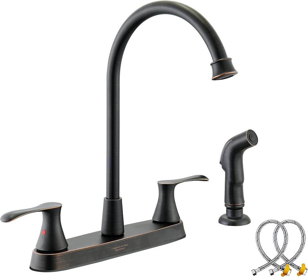 Oil-Rubbed-Bronze Kitchen Faucet with Side Sprayer, Bronze 2-Handle Faucet for 4 Holes Kitchen Sink