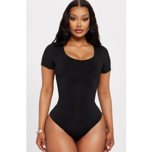 Women's Black Round-Neck Thong Bodysuit, Black, Size S
