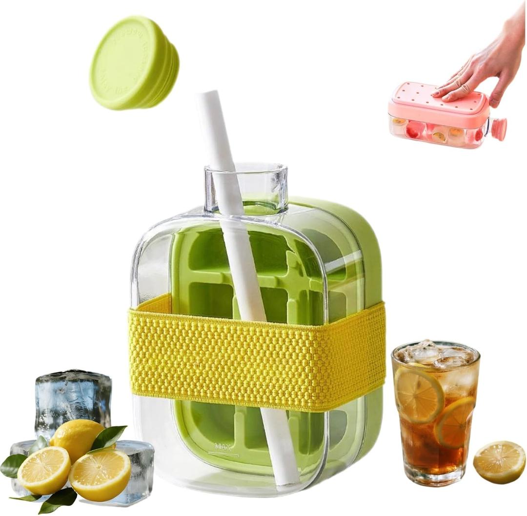 FLINBIUS 2-in-1 Ice Cube Tray, Touch-Free Press Ice Tray with Straw, Ice Cube Bottle, Leak-Proof Lid, for Freezer/Party/Home/Gym