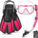 Snorkeling Gear for Adults, 4 in 1 Travel Size Mask Fins Snorkel Set with Panoramic View Anti Fog Mask, Dry Top Snorkel, Trek Fins and Travel Bag, Snorkel Gear for Swimming Diving Snorkeling (Pink/Transparent)