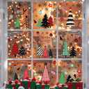 9 Christmas Tree Window Clings, Xmas Tree Snowflake Window Stickers,Merry Christmas Windows Clings, Red Black Xmas Trees Ball Snowflake Snowy Forest Glass Decals for Winter Home Party Decor