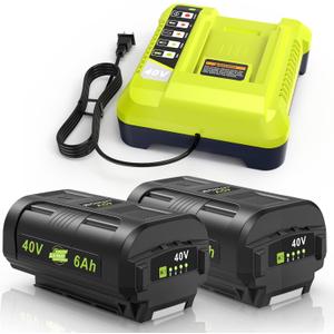 Compatible for Ryobi 40v Battery 6.0Ah 2Pcs OP4060 OP401 Charger Combo High Capacity Strong Power for Ryobi 40v Battery and Charger Lawn Mowers Leaf Blowers for OP4015 OP4040 OP4026A OP40201 OP4050A