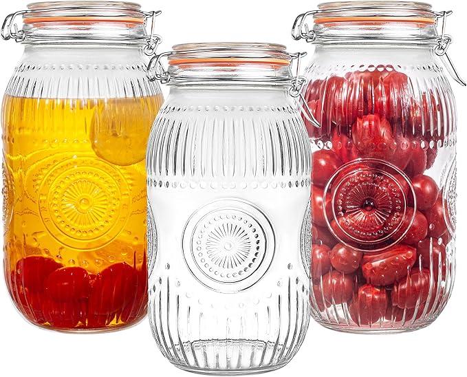 Amzcku Wide Mouth Vintage Mason Jars with Airtight Lid 64oz 2 Quart, Canister Quart Jars for Kitchen Storage - for Coffee, Sugar, Beans 3 Pack