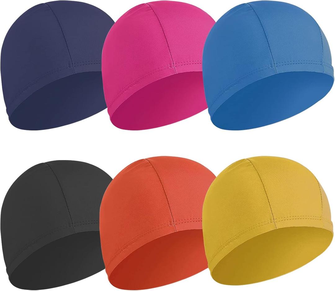 6 pcs Elastic Swim Caps for Both Women & Men & Kids Fabric Durable Non-Waterproof Cloth Swimming Pool Cap Elastic Bathing Cap (Rose Red & Dark Blue & Blue & Black & Yellow & Orange)