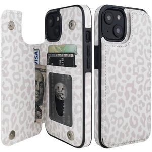 HAOPINSH for iPhone 14 Wallet Case with Card Holder, White Leopard Pattern Back Flip Folio PU Leather Kickstand Card Slots Case for Women Girls, Double Magnetic Clasp Shockproof Cover 6.1"
